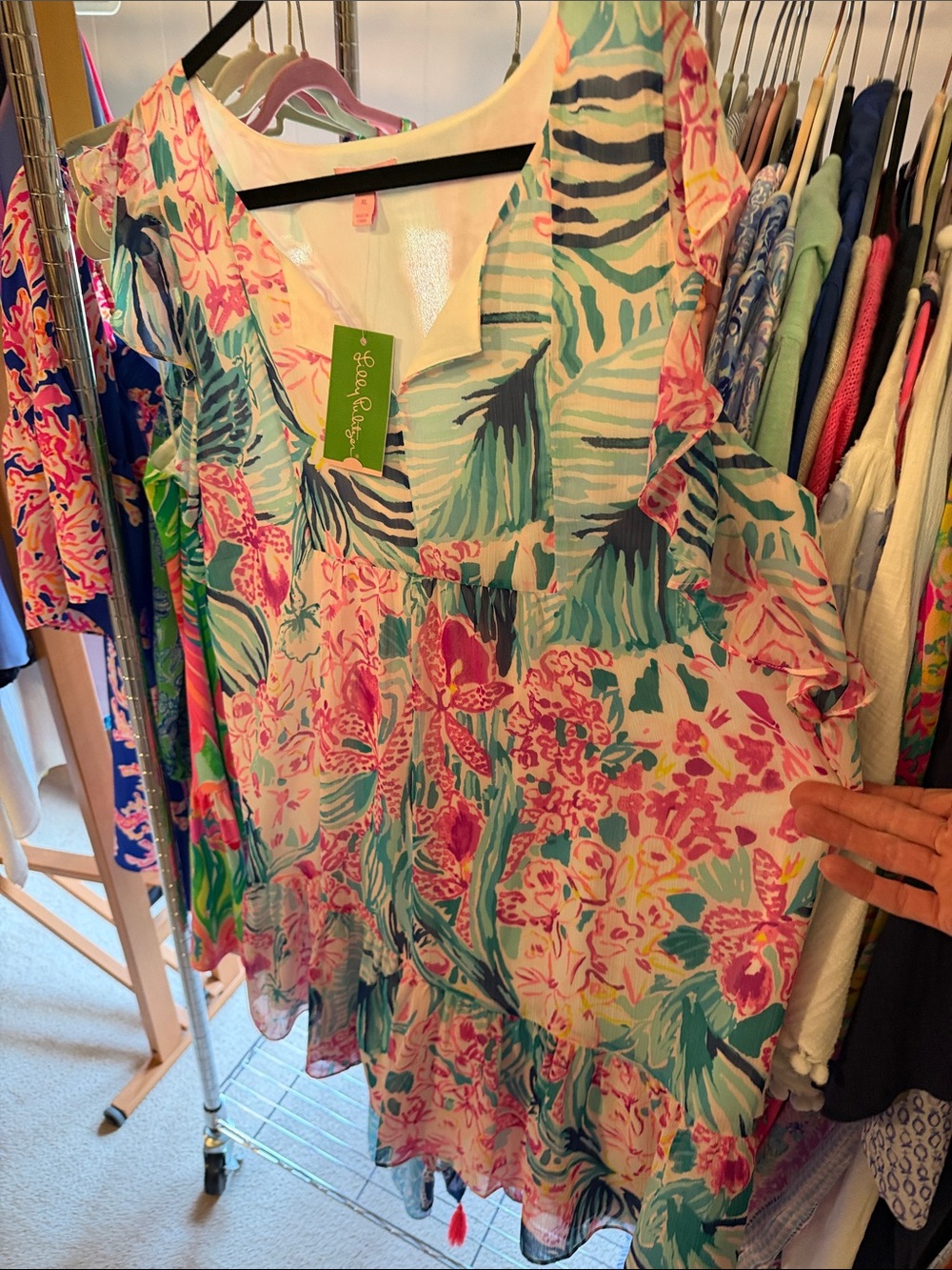 Lilly Pulitzer Pink, Green & Blue Tropical Floral Ruffle Dress - Picture 5 of 7
